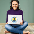 windie.pro Born to Sail Forced to Work sticker on a laptop. Waterproof, UV-resistant, 10cm diameter.