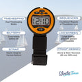 Orange Windie-Timer race stopwatch with black strap, featuring a large LCD screen and 5-4-1-0 countdown display. Ideal for sailing.