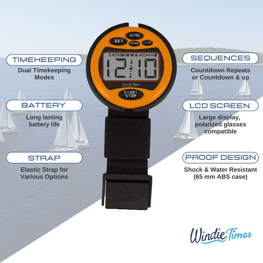 Orange Windie-Timer race stopwatch with black strap, featuring a large LCD screen and 5-4-1-0 countdown display. Ideal for sailing.