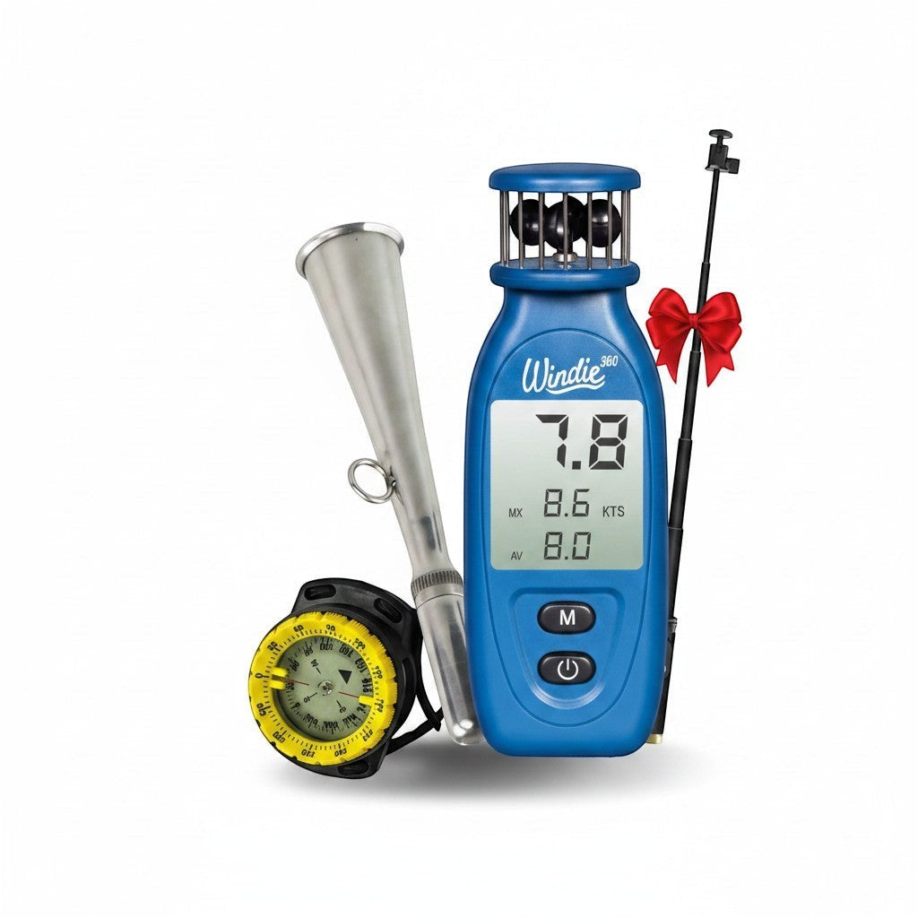 windie.pro Mark Layer Kit includes an anemometer, silver horn, yellow compass, and black monopod with red bow.