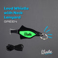 windie.pro green pea-less plastic whistle with rust-resistant metal grip and black lanyard, works when wet.