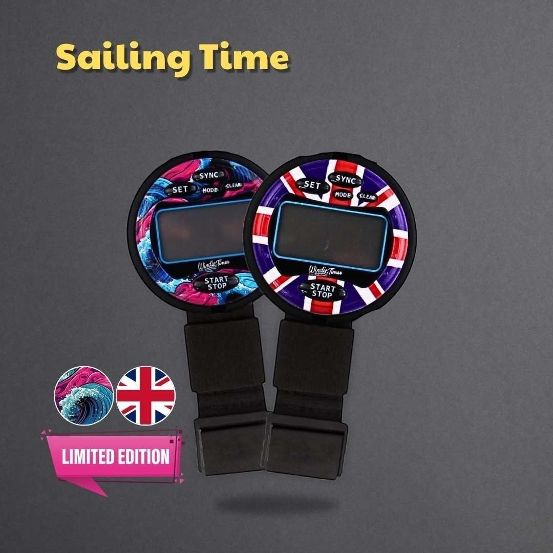 Windie.pro sailing race timer with a printed wave design on a wrist, showing sync, set, mode, clear, start, and stop buttons.