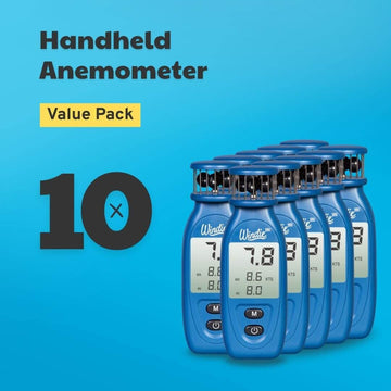 windie.pro blue handheld anemometer value pack of 10, measures wind speed in knots and km/h.