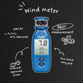 Windie.pro blue handheld wind meter with digital display showing wind speed, max and average. Features 360 measurement and one-hand grip.