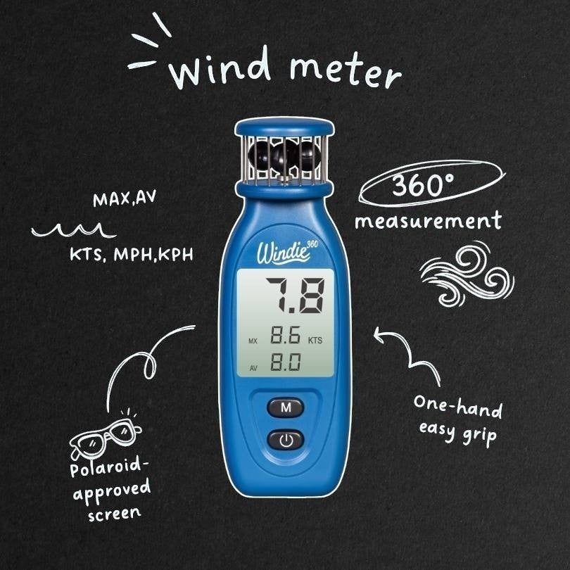 Windie.pro blue handheld wind meter with digital display showing wind speed, max and average. Features 360 measurement and one-hand grip.