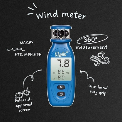 Windie.pro blue handheld wind meter with digital display showing wind speed, max and average. Features 360 measurement and one-hand grip.