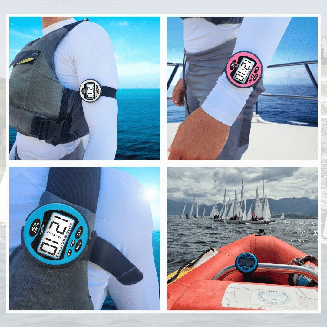 Windie.pro orange sailing race stopwatch timer with 5-4-1-0 countdown, worn on arm with life vest.