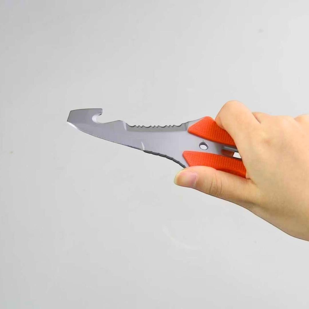 Windie.pro marine rescue knife with orange handle, serrated blade, and hook tip.