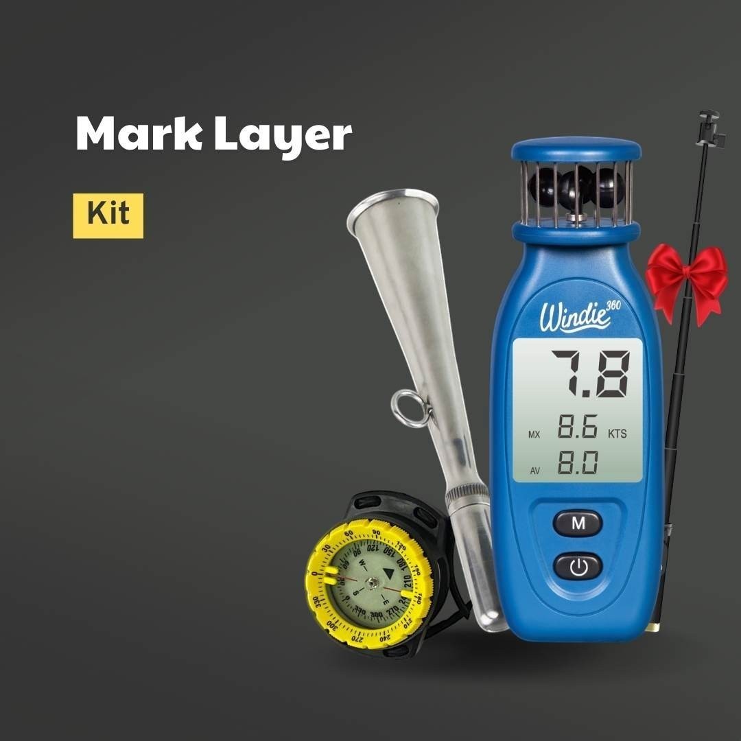 windie.pro Mark Layer Kit includes an anemometer, Fog horn, yellow compass, and monopod stick