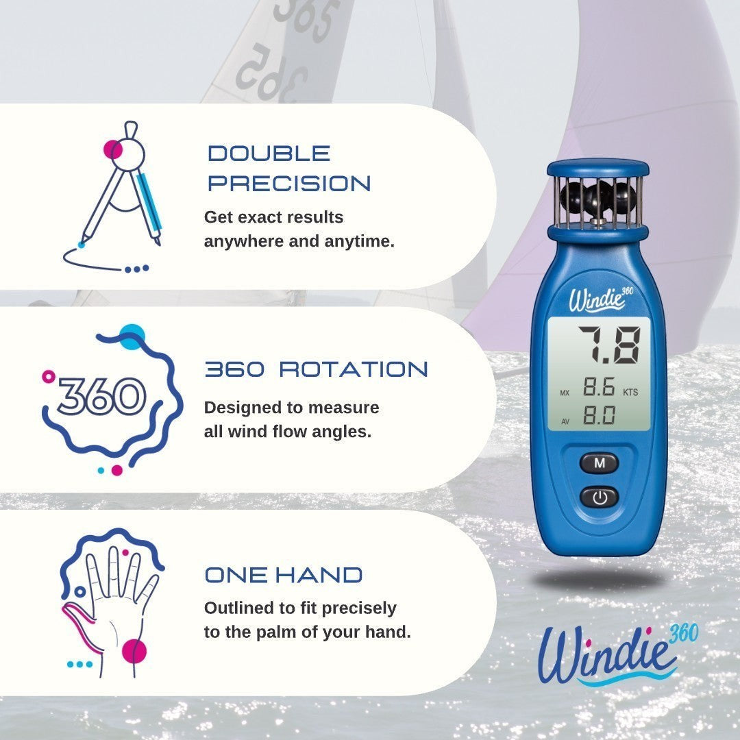 Windie.pro blue handheld anemometer with digital display showing wind speed, ideal for sailors and water sports enthusiasts.