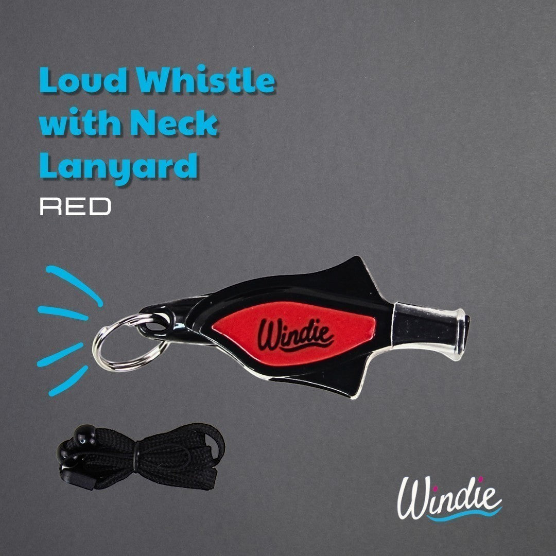 windie.pro red and black pea-less whistle with neck lanyard. Durable plastic with rust-resistant metal grip.