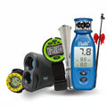 windie.pro sailing measurement kit with blue anemometer, green stopwatch, yellow compass, black rangefinder, and measuring stick.