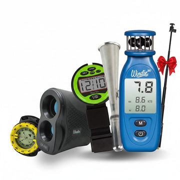 windie.pro sailing measurement kit with blue anemometer, green stopwatch, yellow compass, black rangefinder, and measuring stick.