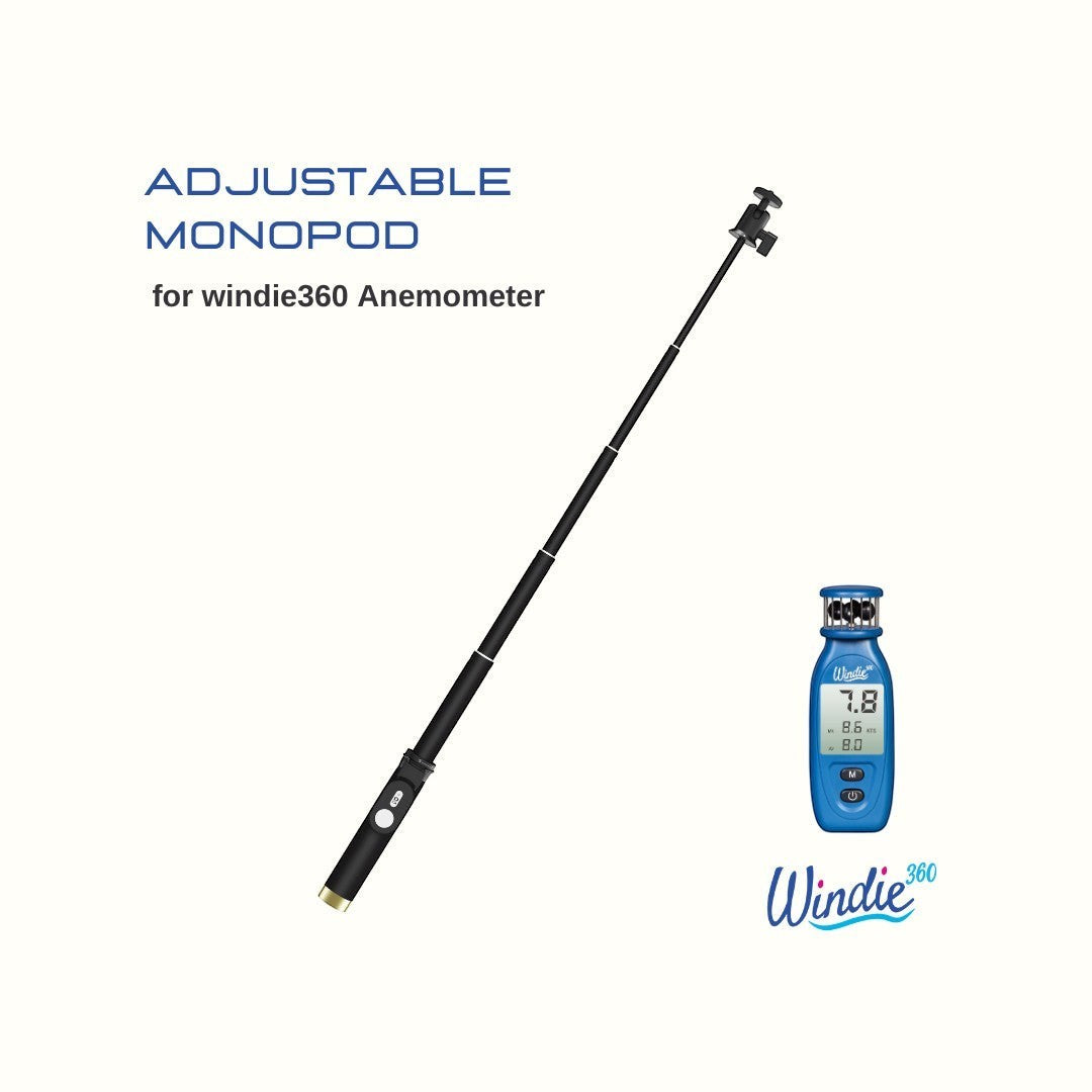 windie.pro Sailing Precision Trio: adjustable black monopod and blue anemometer for wind measurement.