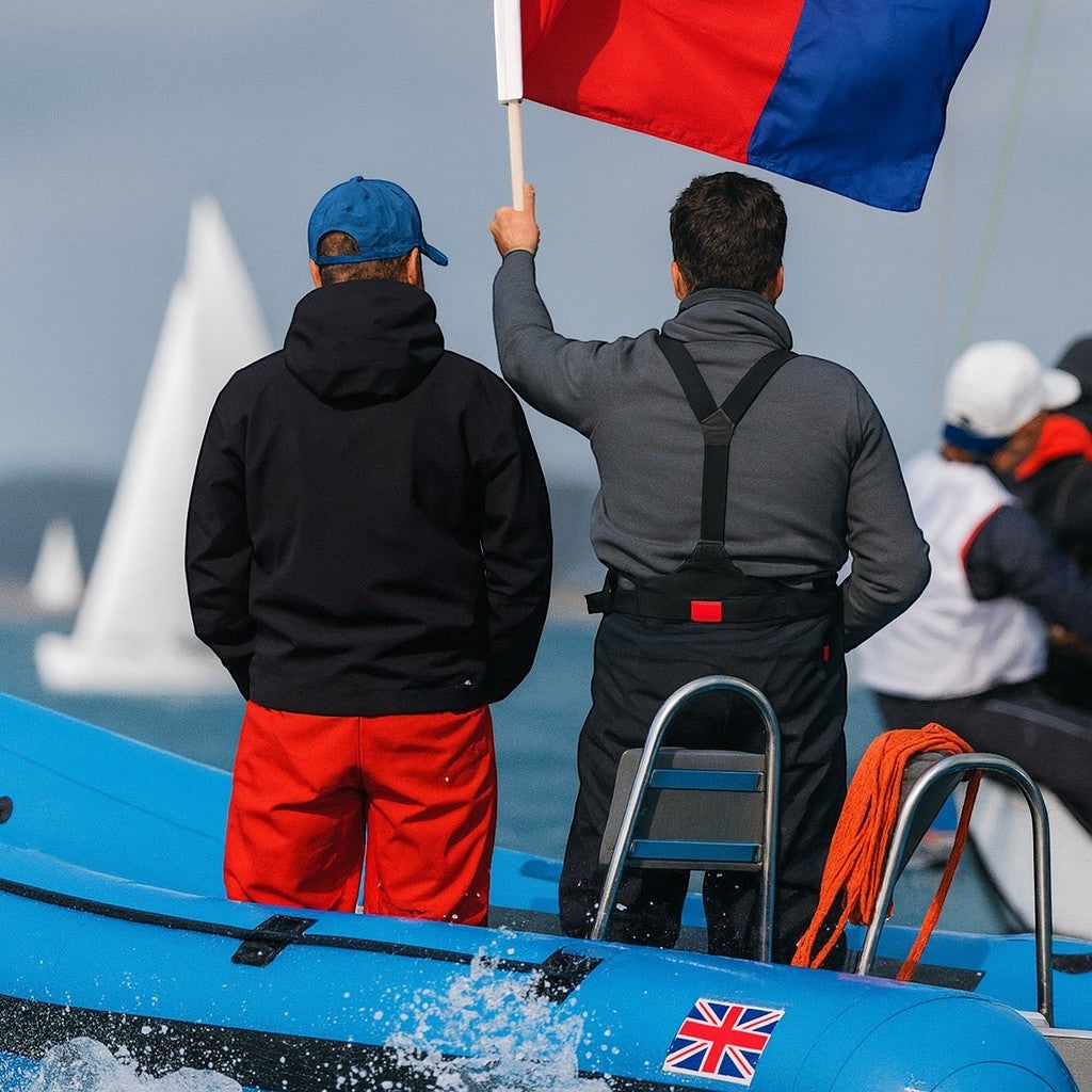 windie.pro Mark Layer Kit: two race officials on a blue boat, one holding a red and blue flag, ready for course changes.