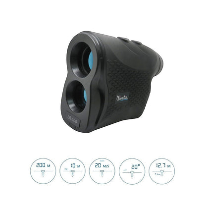 Black windie.pro LR600 laser distance meter with textured grip and blue lens accents. Features 600m range, 6x magnification.