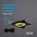 Windie.pro yellow pea-less plastic whistle with rust-resistant metal grip and black neck lanyard. Works when wet.