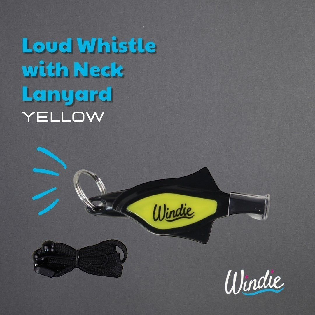 Windie.pro yellow pea-less plastic whistle with rust-resistant metal grip and black neck lanyard. Works when wet.