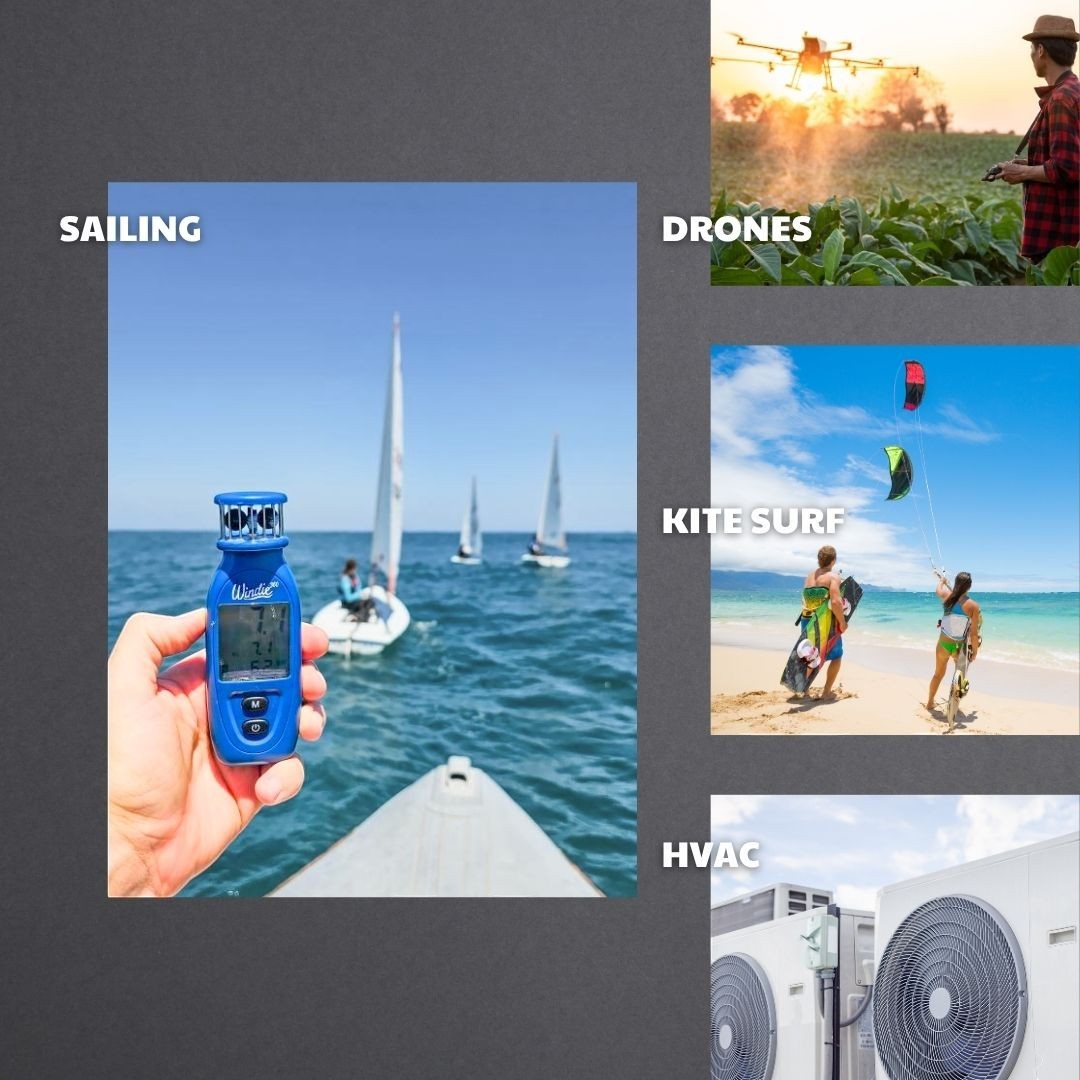 windie.pro blue handheld windmeter with digital display, used for sailing, kite surfing, drones, and HVAC.