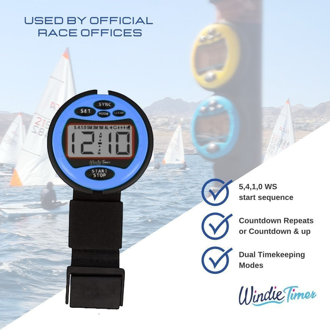 Windie.pro blue sailing timer stopwatch with black strap, featuring a digital display and sync, set, mode, clear, start, stop buttons. Used for race timing.