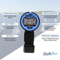 Windie.pro blue sailing timer with elastic strap, large LCD screen, and shock/water-resistant design for race timing.
