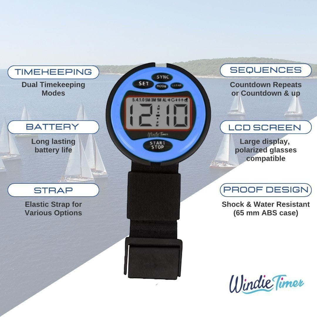 Windie.pro blue sailing timer with elastic strap, large LCD screen, and shock/water-resistant design for race timing.