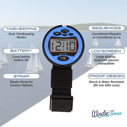 Windie.pro blue sailing timer with elastic strap, large LCD screen, and shock/water-resistant design for race timing.
