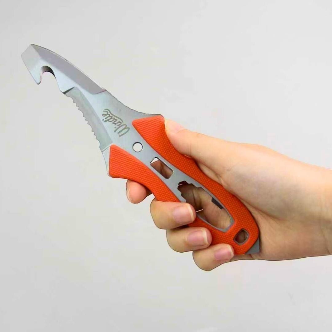 Windie.pro marine rescue knife with orange non-slip grip, serrated blade, and hook tip for safety.