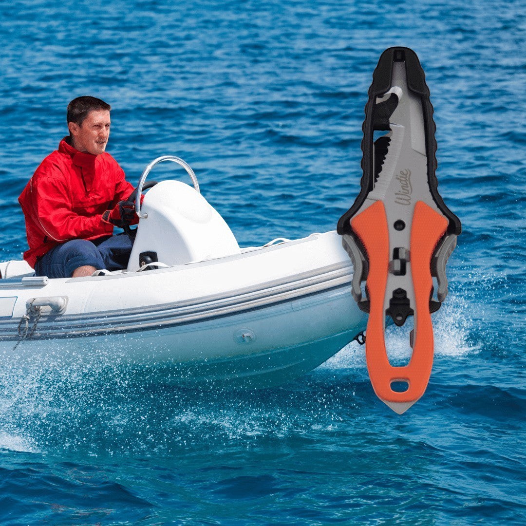 Windie.pro marine rescue knife with orange handle, serrated blade, and hook tip, designed for sailing and tough marine conditions.